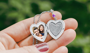 sterling silver heart locket with engraved fingerprint and photo on the inside