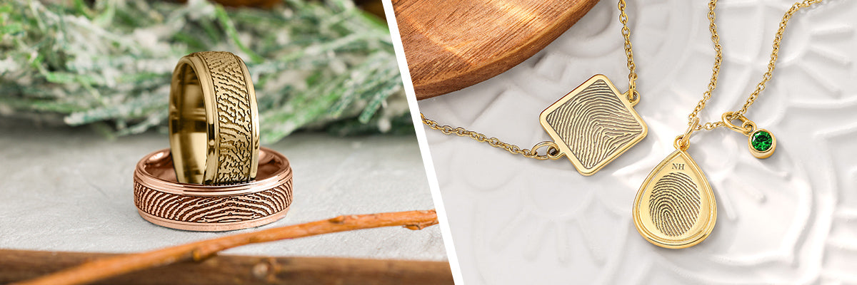 fingerprint rings, necklaces, and charm bracelets