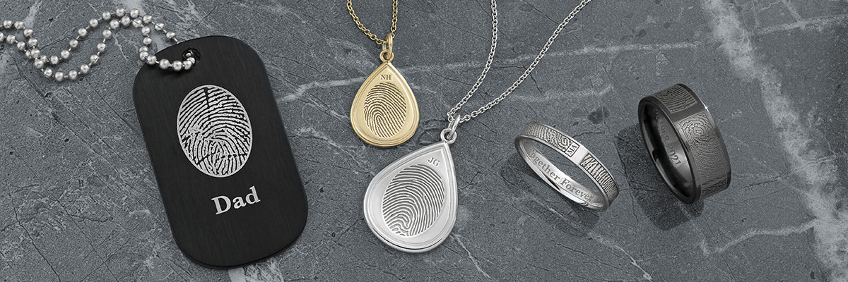 dog tags, necklaces, and rings engraved with two fingerprints