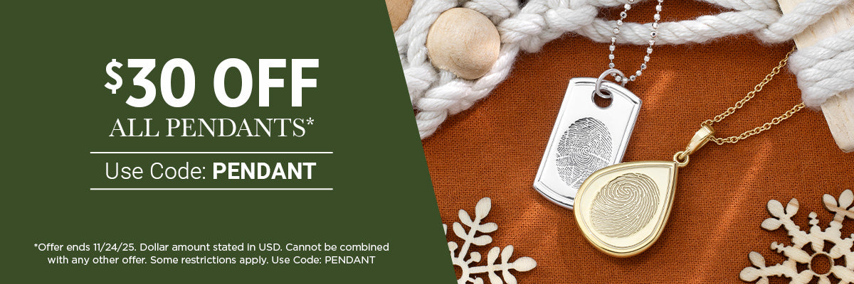 silver dog tag and gold tear drop fingerprint pendants