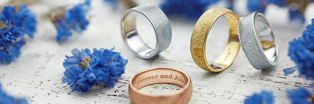 assorted fingerprint rings in sterling silver, rose gold, white gold, and yellow gold Flat Rings