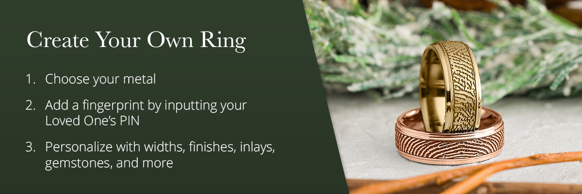 rose gold, yellow gold, and sterling silver fingerprint rings