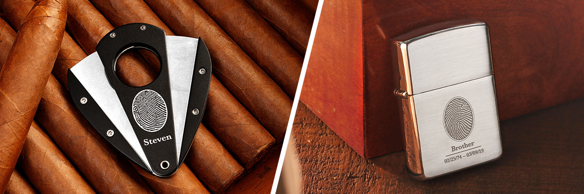 Xikar cigar cutter and zippo lighter personalized with a fingerprint and inscription