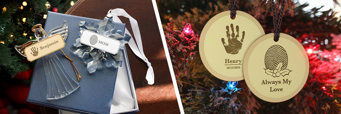 custom christmas ornaments including angel, snowflake, and brass styles engraved with fingerprints, handprints, and inscriptions