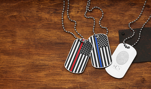 thin red line and thin blue line dog tags engraved with a fingerprint and monogram