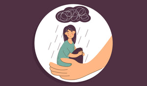 illustration of a grieving person sitting under a dark cloud while being held by a friend's hand