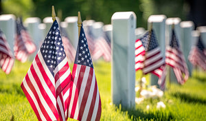 american flags at a veterans cemetery for memorial day