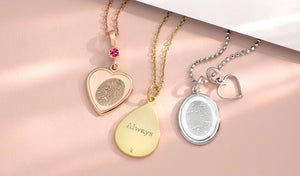 rose gold heart shaped fingerprint necklace, yellow gold tear drop necklace engraved with the inscription "always", and sterling silver oval tear drop pendant necklace with heart charm