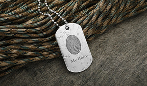 stainless steel military dog tag necklace engraved with a fingerprint and the inscription my hero