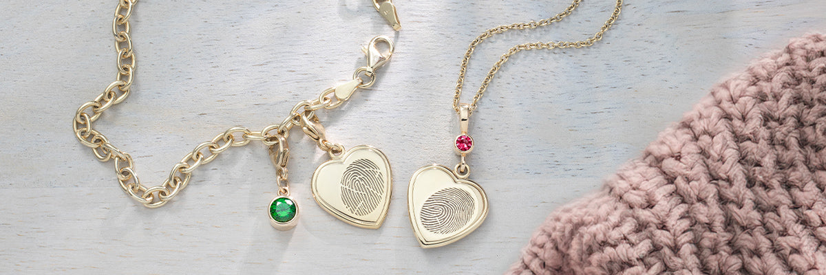 yellow gold fingerprint charm bracelet and fingerprint charm necklace