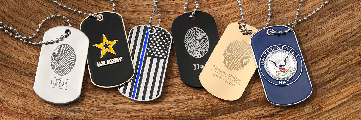 stainless steel military dog tag engraved with a fingerprint, name, and inscription