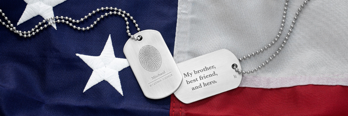 stainless steel military dog tag necklace engraved with fingerprint and monogram