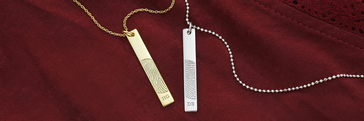  sterling silver heart fingerprint pendant necklace and vertical bar fingerprint pendant necklace with Swarovski birthstone charms and symbolic charms