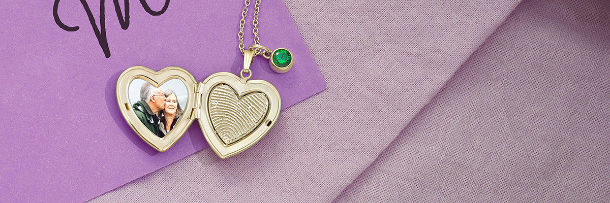 Sterling Silver Oval Fingerprint Locket with Angel Wing Charm and Yellow Gold Heart Fingerprint Locket with Engraved Monogram 