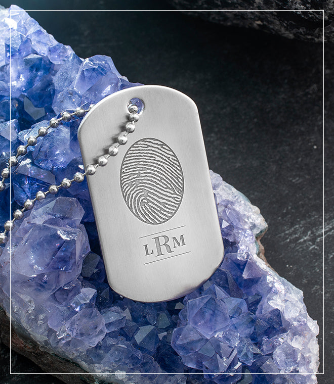 Military Dog Tag Engraved with Fingerprint and Monogram 
