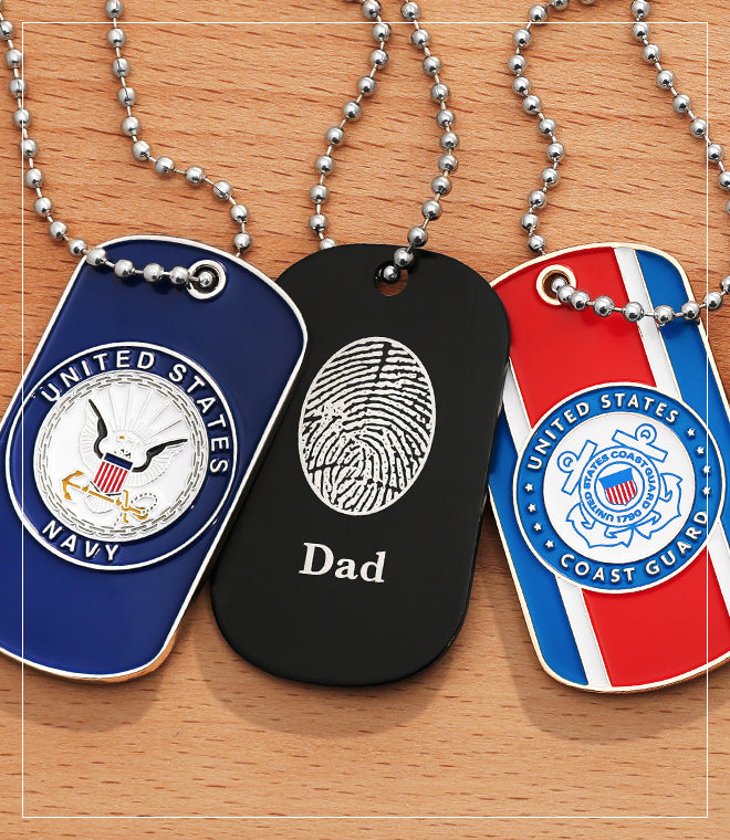 U.S. Navy, U.S. Coast Guard, and black aluminum personalized dog tags