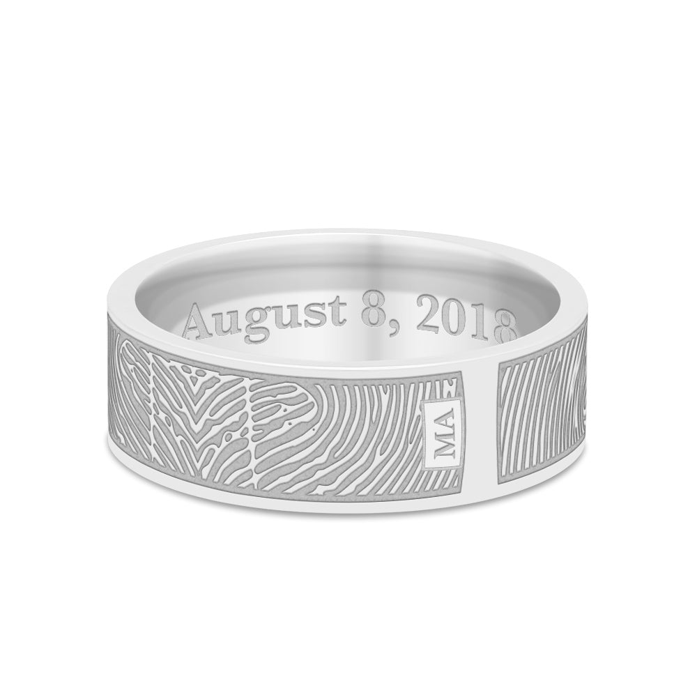 Dual Print 6mm White Gold Flat Fingerprint Ring