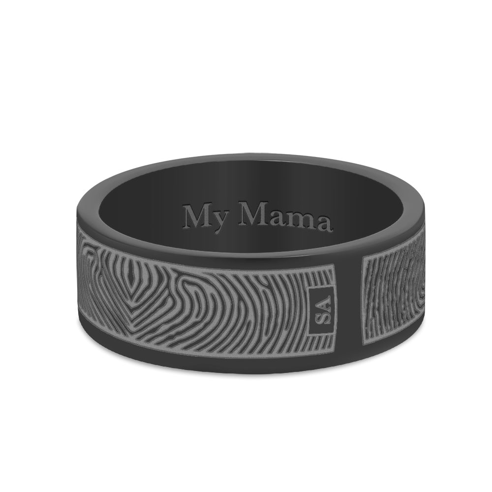 Dual Print 8mm Matte Black Titanium Flat Fingerprint Ring